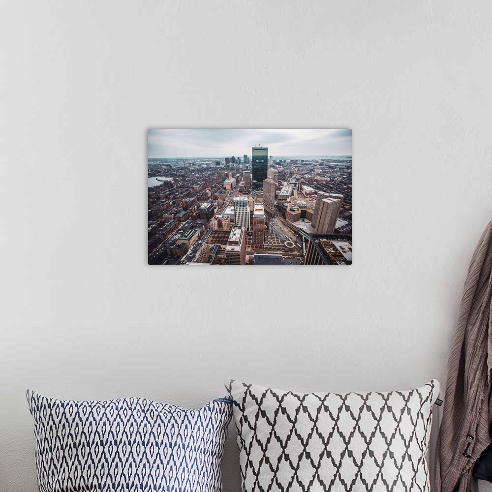 A bohemian room featuring Photo of Boston cityscape featuring the John Hancock Tower.