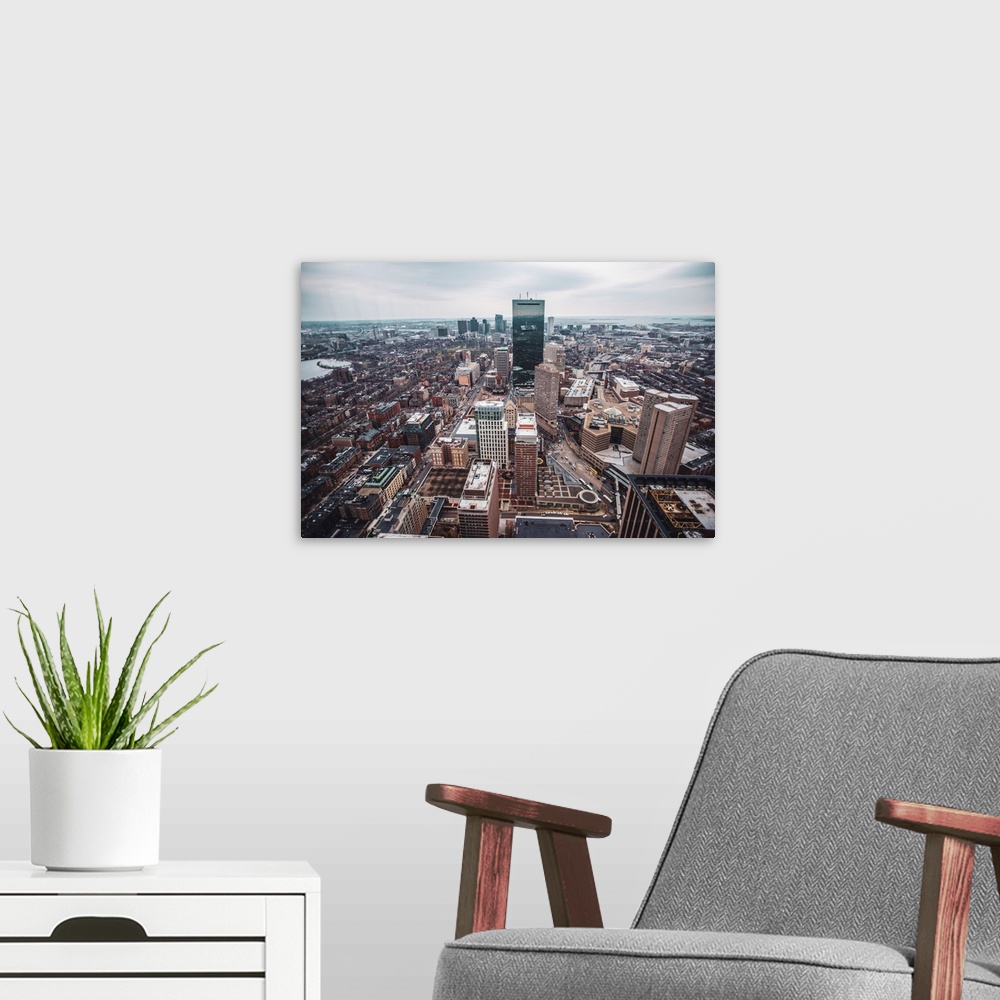 A modern room featuring Photo of Boston cityscape featuring the John Hancock Tower.