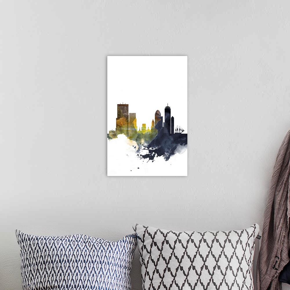A bohemian room featuring The Boston city skyline in colorful watercolor splashes.