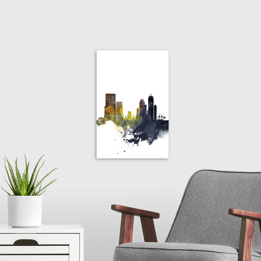 A modern room featuring The Boston city skyline in colorful watercolor splashes.