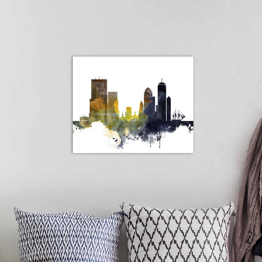 A bohemian room featuring The Boston city skyline in colorful watercolor splashes.