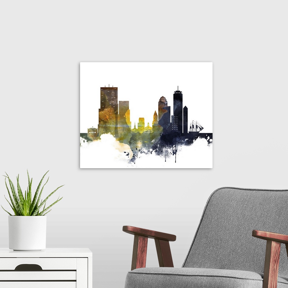 A modern room featuring The Boston city skyline in colorful watercolor splashes.