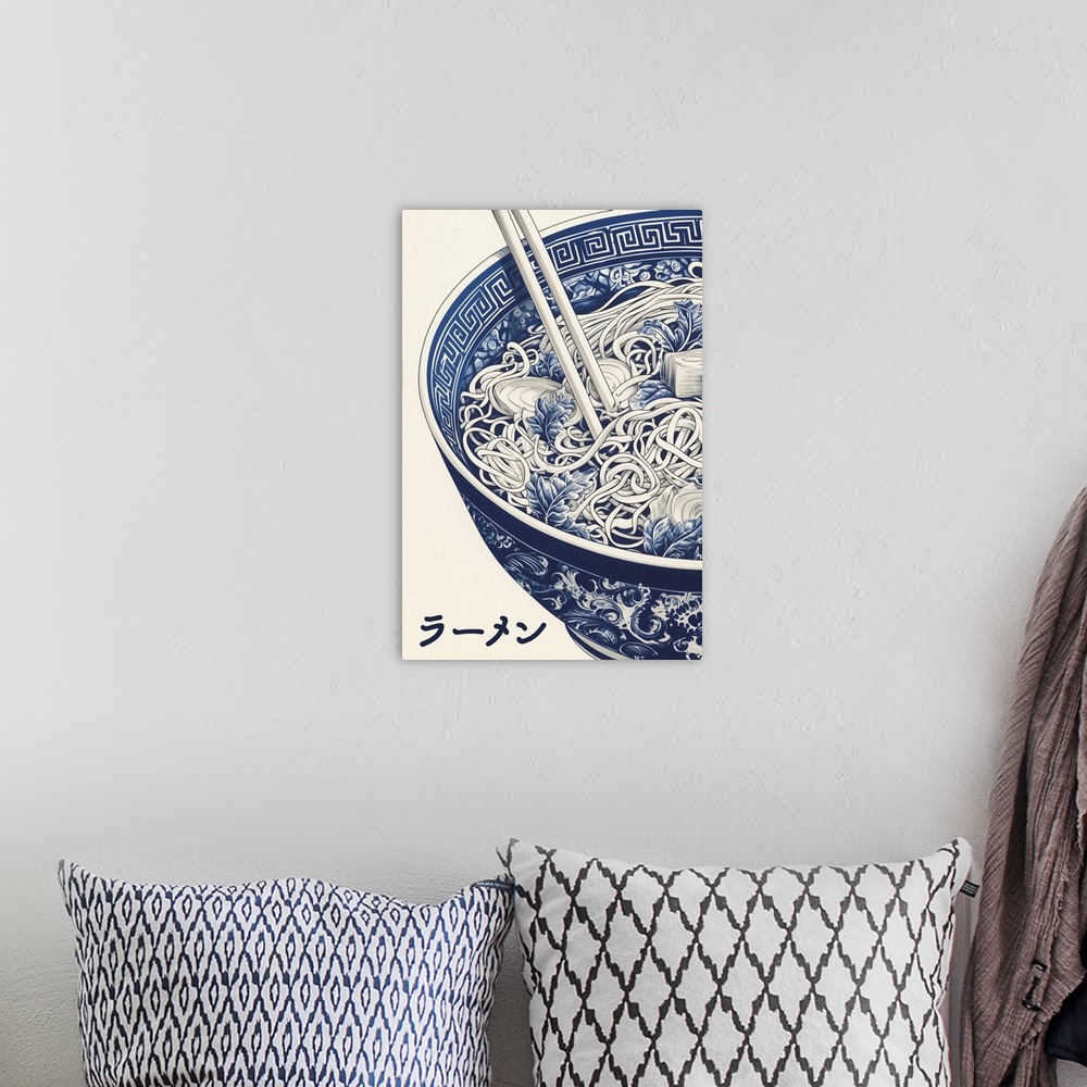 A bohemian room featuring Bowl Of Ramen - Classic Blue And White Illustration
