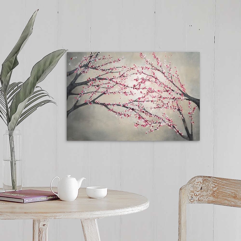 A farmhouse room featuring Contemporary painting of blossom covered tree branches on the right and left of the image, that a...