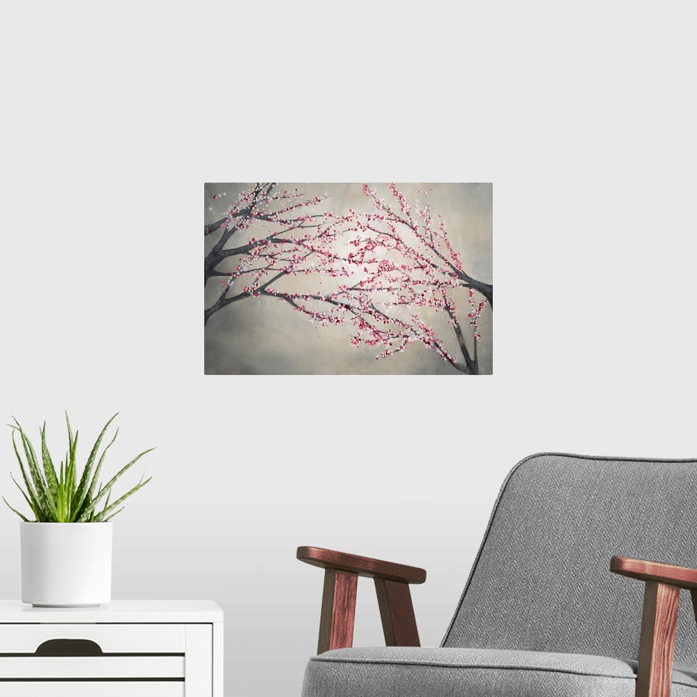 A modern room featuring Contemporary painting of blossom covered tree branches on the right and left of the image, that a...