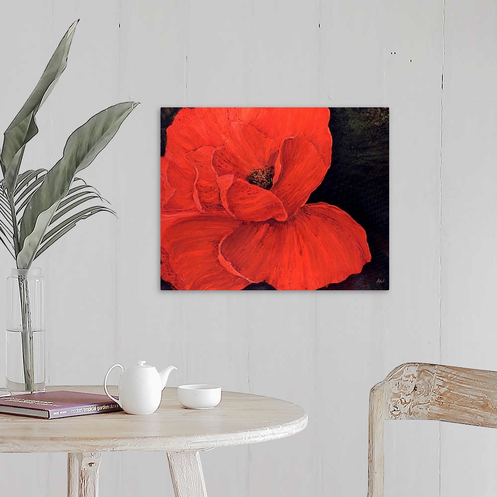 A farmhouse room featuring A decorative accent for the home or office this painting is a poppy with its petals spread wide o...