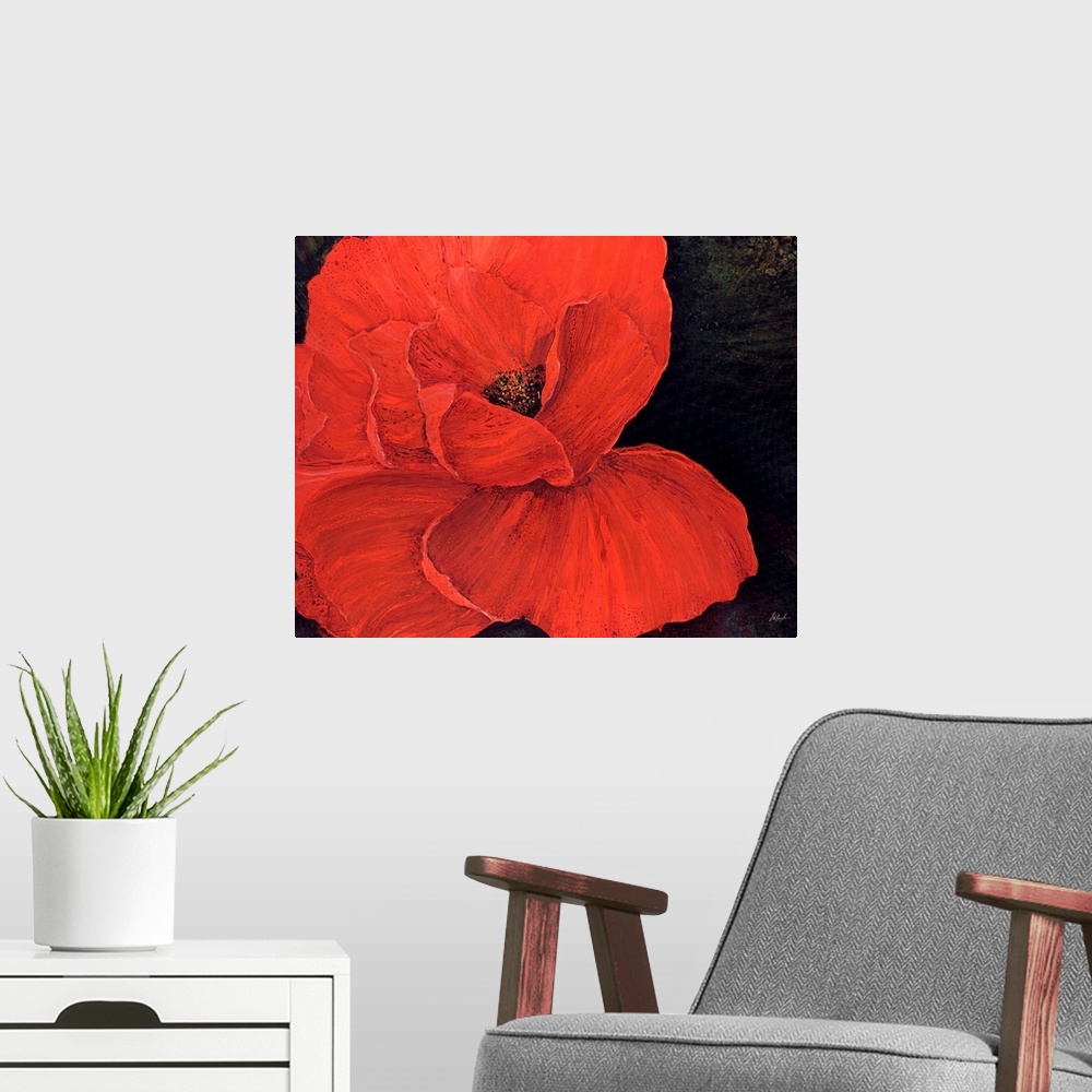 A modern room featuring A decorative accent for the home or office this painting is a poppy with its petals spread wide o...