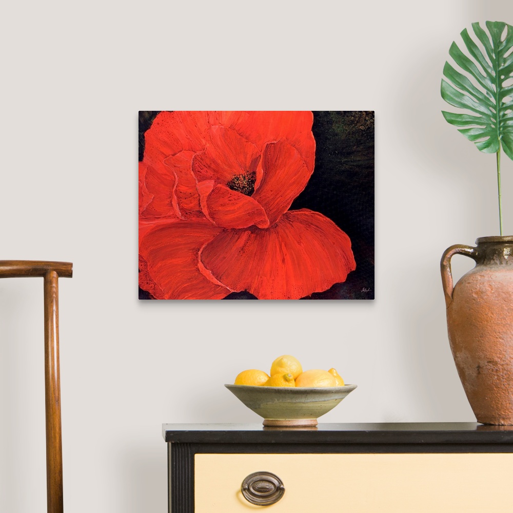 A traditional room featuring A decorative accent for the home or office this painting is a poppy with its petals spread wide o...