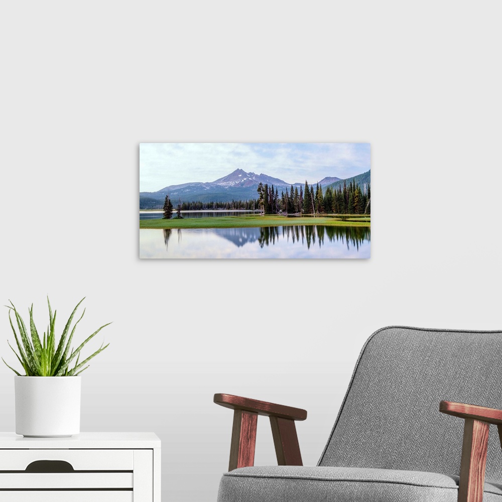 A modern room featuring View of Broken Top peak near Sparks Lake in Deschutes National Forest in Oregon.