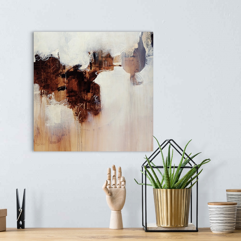 A bohemian room featuring Abstract contemporary painting featuring white spaces swirling into a darker brown center, appear...