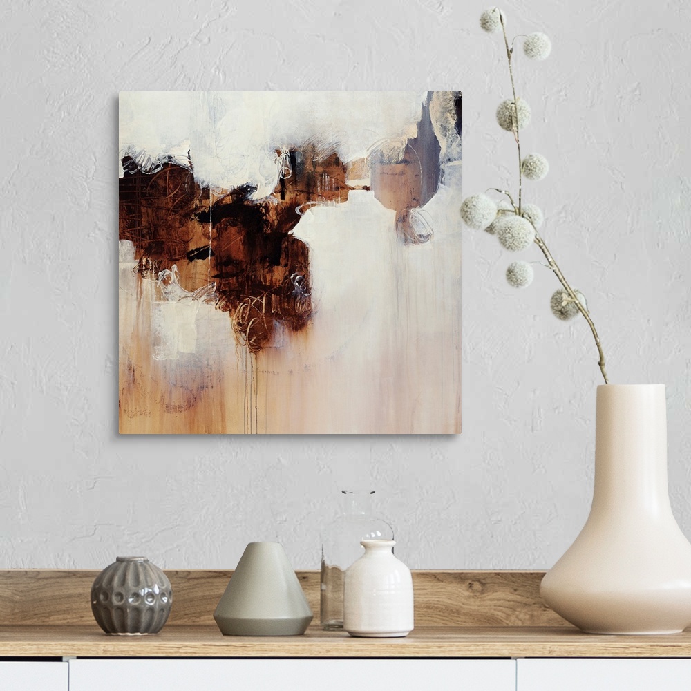 A farmhouse room featuring Abstract contemporary painting featuring white spaces swirling into a darker brown center, appear...