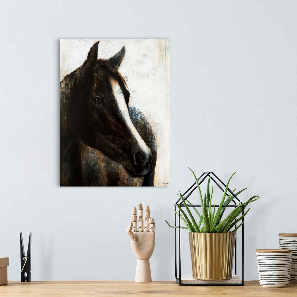 A bohemian room featuring Contemporary painting of a black horse with a bold white stripe from it's forehead down to it's n...