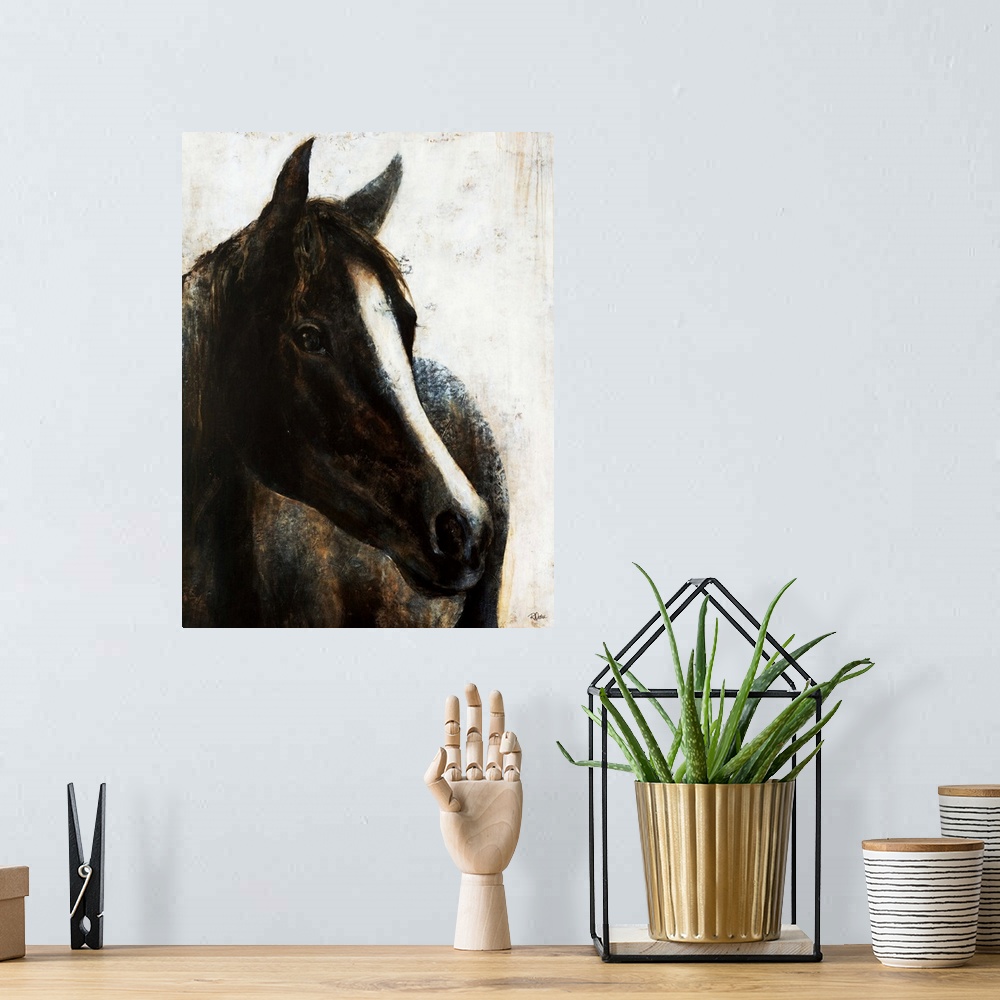 A bohemian room featuring Contemporary painting of a black horse with a bold white stripe from it's forehead down to it's n...