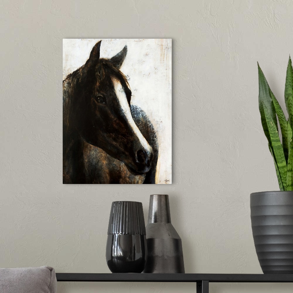 A modern room featuring Contemporary painting of a black horse with a bold white stripe from it's forehead down to it's n...