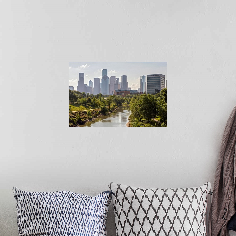 A bohemian room featuring Photograph of the Houston TX skyline viewed from Buffalo Bayou Park.