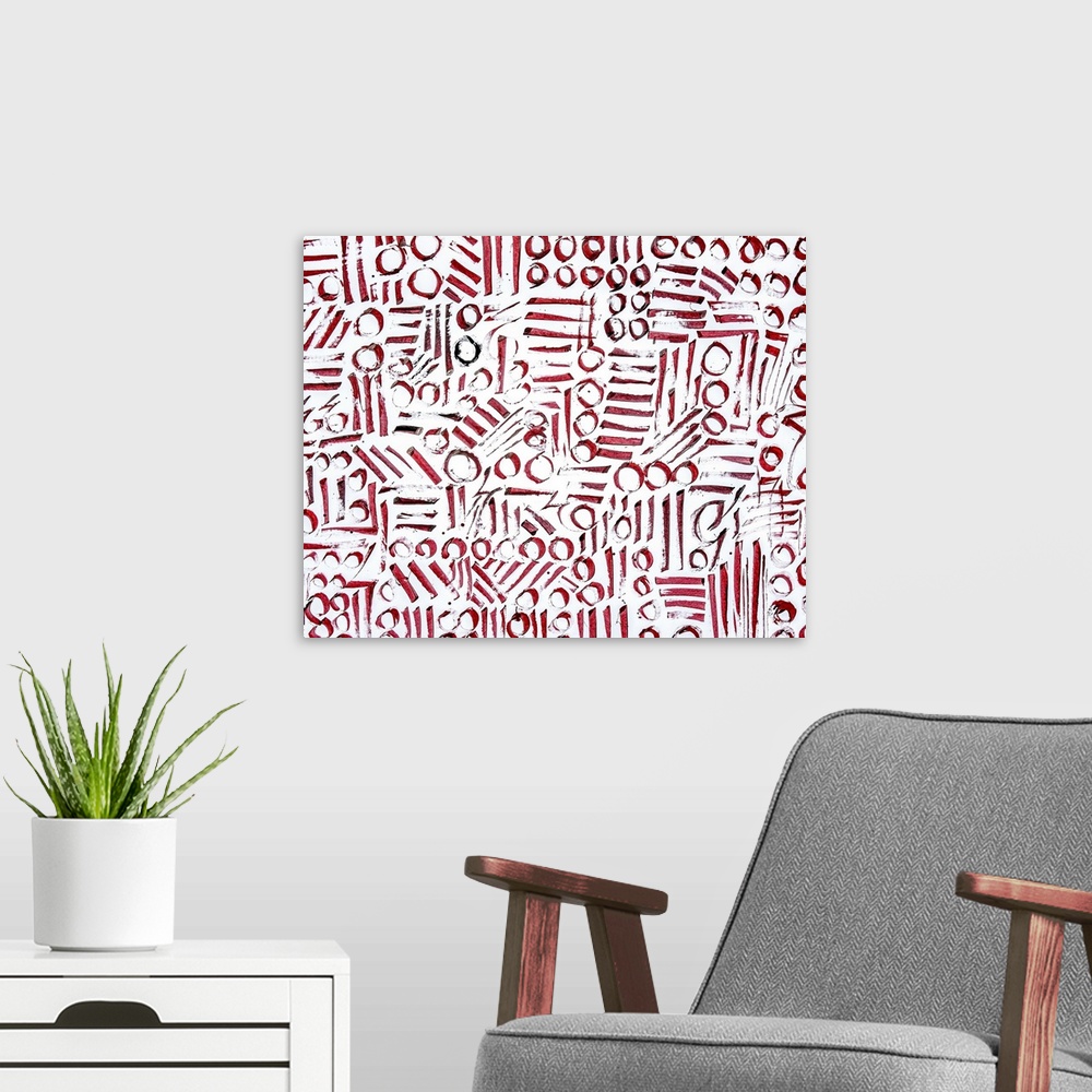 A modern room featuring Abstract contemporary artwork made of red circles and lines.
