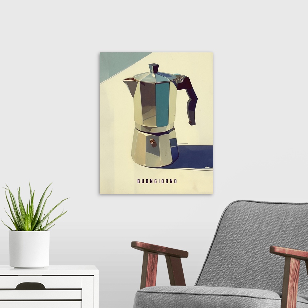 A modern room featuring Buongiorno - Retro Italian Coffee Advertising Poster