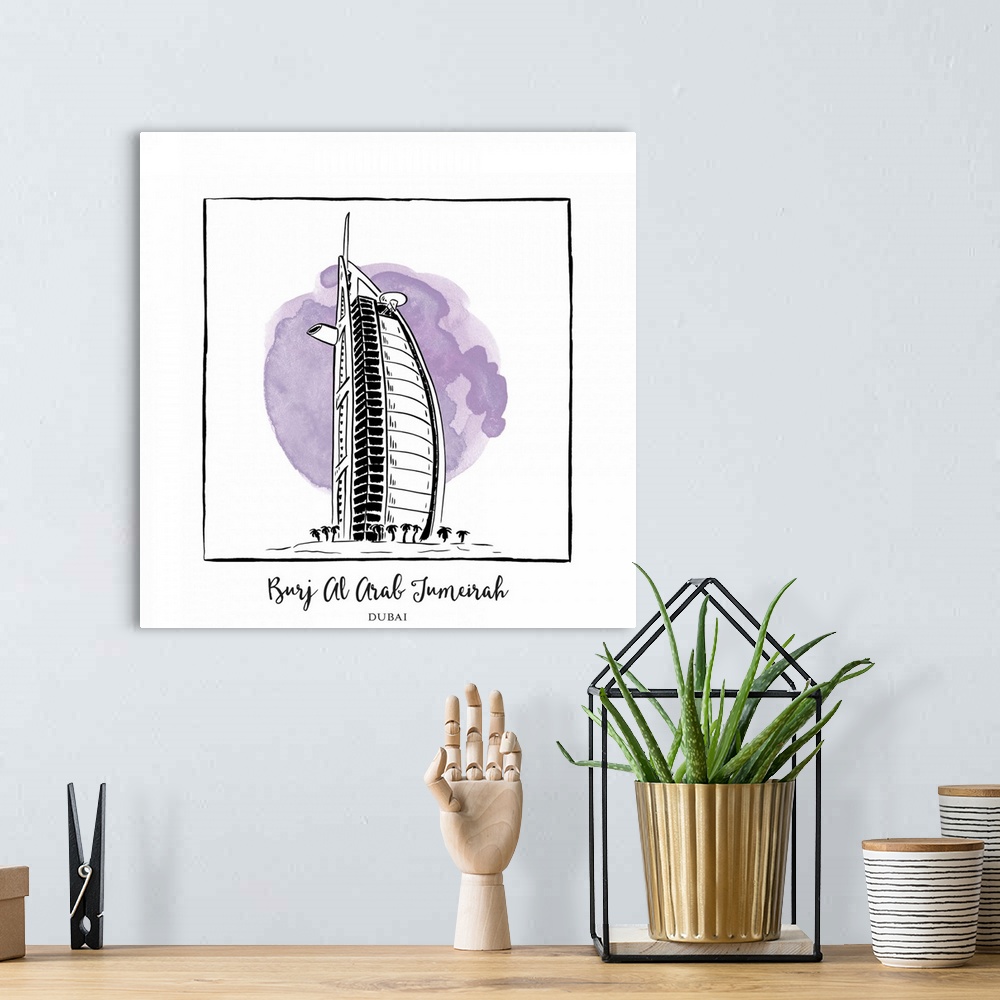 A bohemian room featuring An ink illustration of the Burj Al Arab in Dubai, United Arab Emirates, with a lavender watercolo...