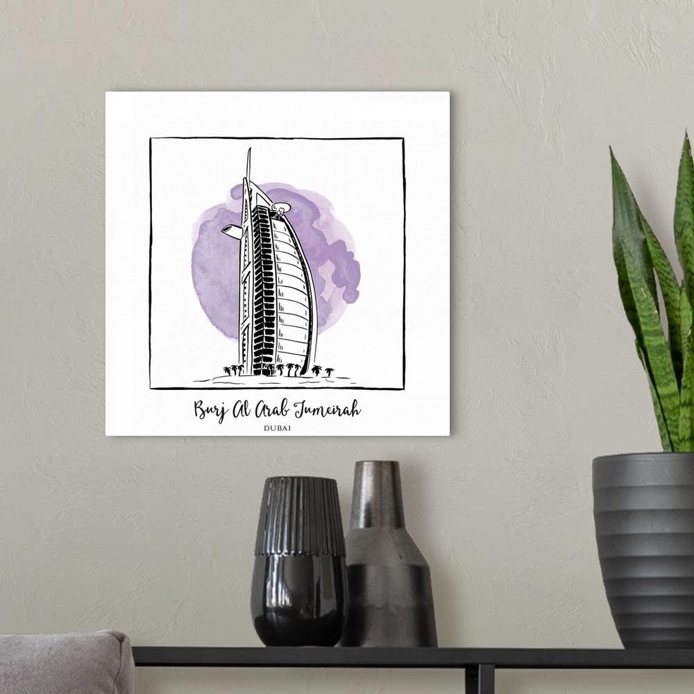 A modern room featuring An ink illustration of the Burj Al Arab in Dubai, United Arab Emirates, with a lavender watercolo...