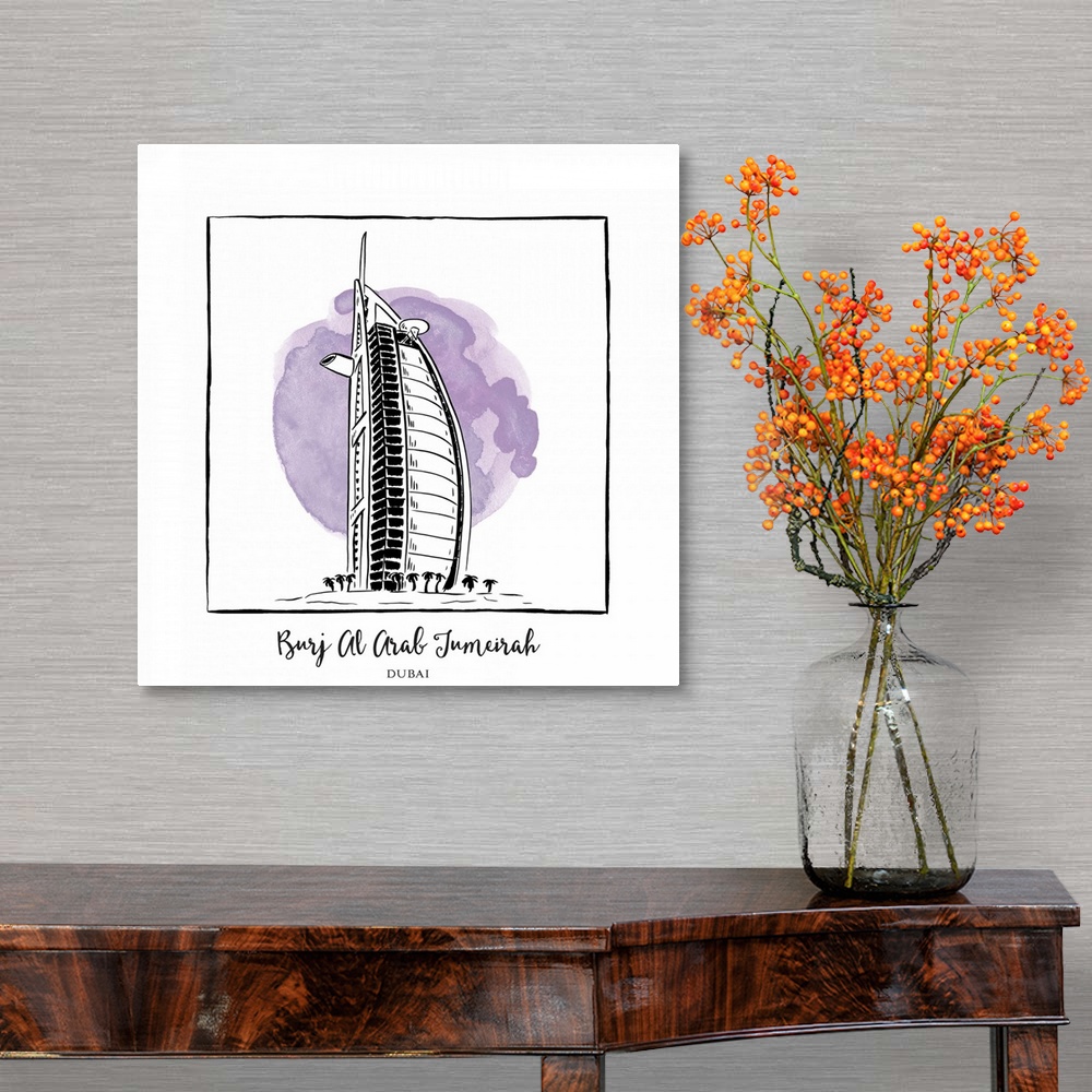 A traditional room featuring An ink illustration of the Burj Al Arab in Dubai, United Arab Emirates, with a lavender watercolo...