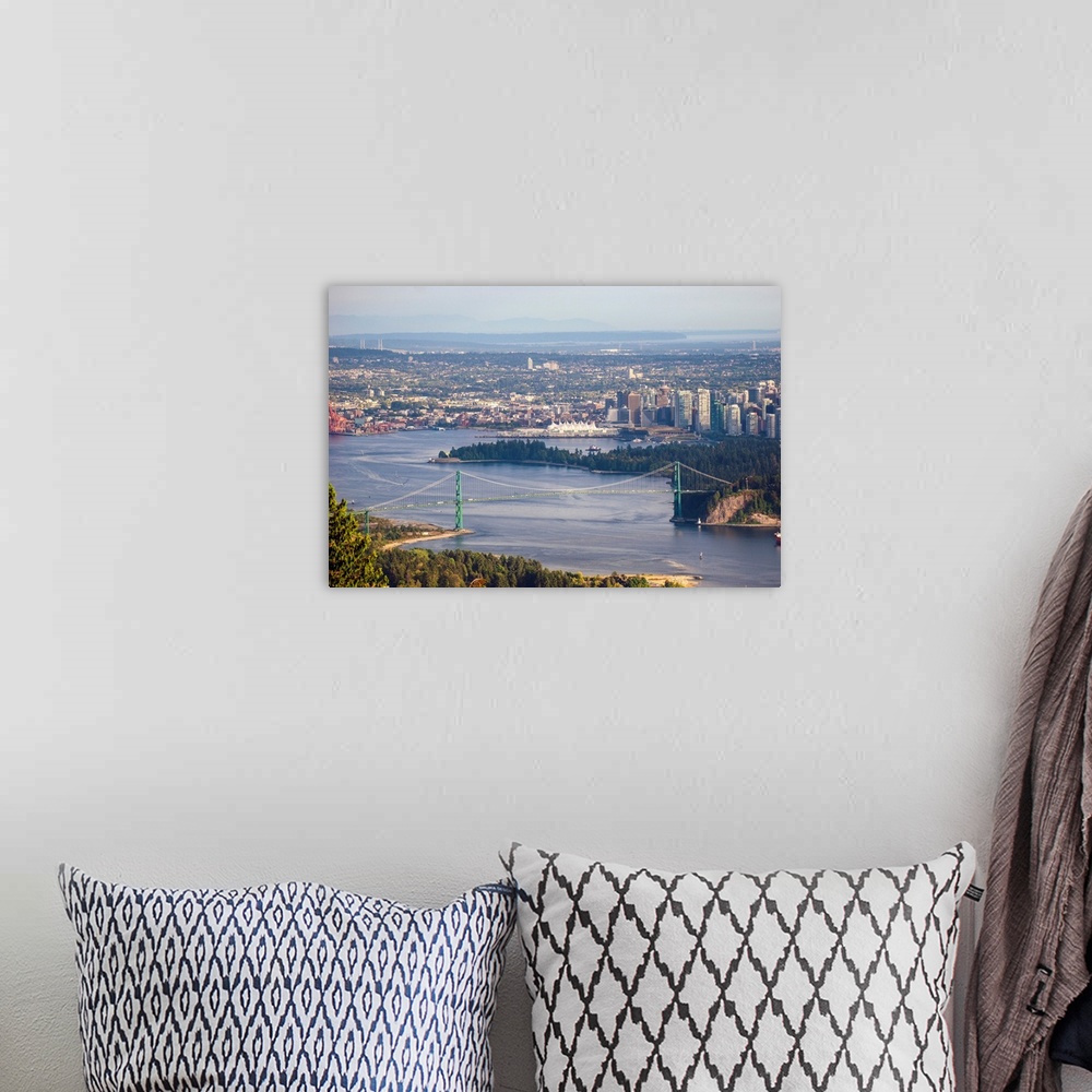 A bohemian room featuring Aerial view of Burrard Inlet and Lions Gate Bridge in Vancouver, British Columbia, Canada.