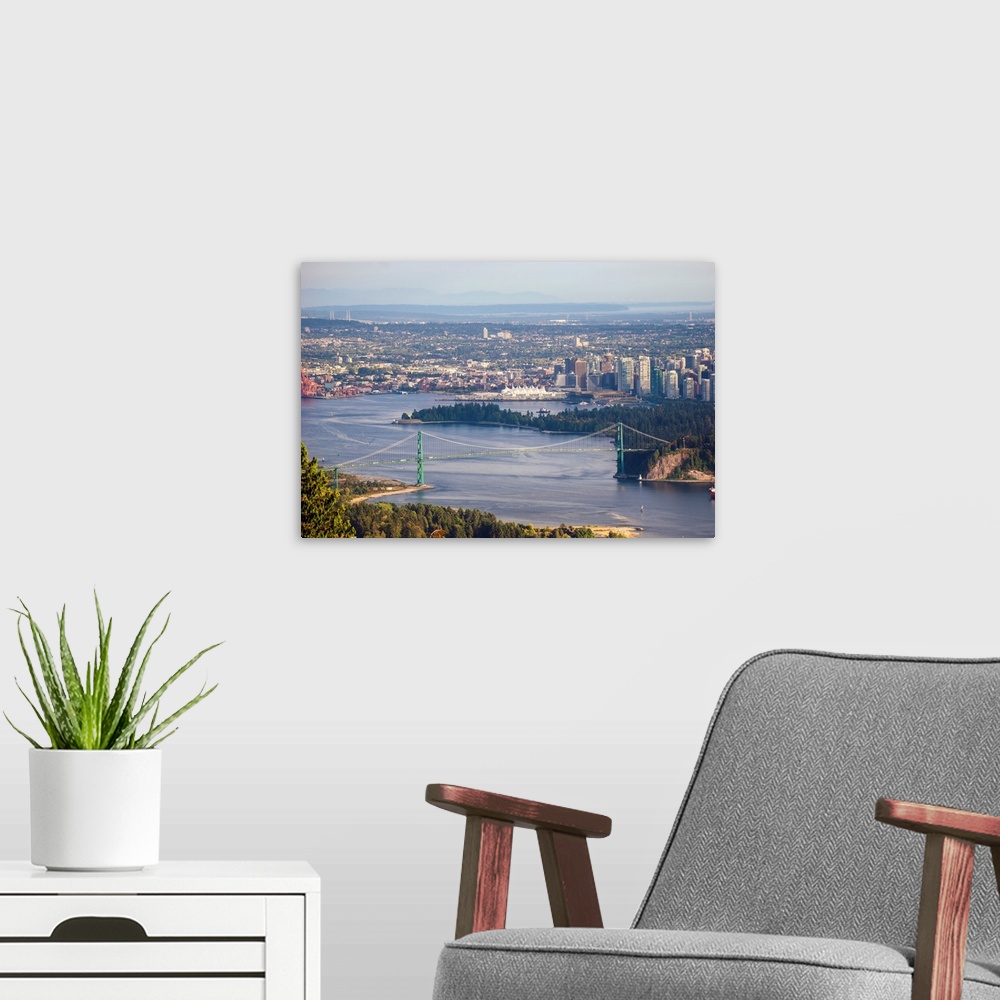 A modern room featuring Aerial view of Burrard Inlet and Lions Gate Bridge in Vancouver, British Columbia, Canada.