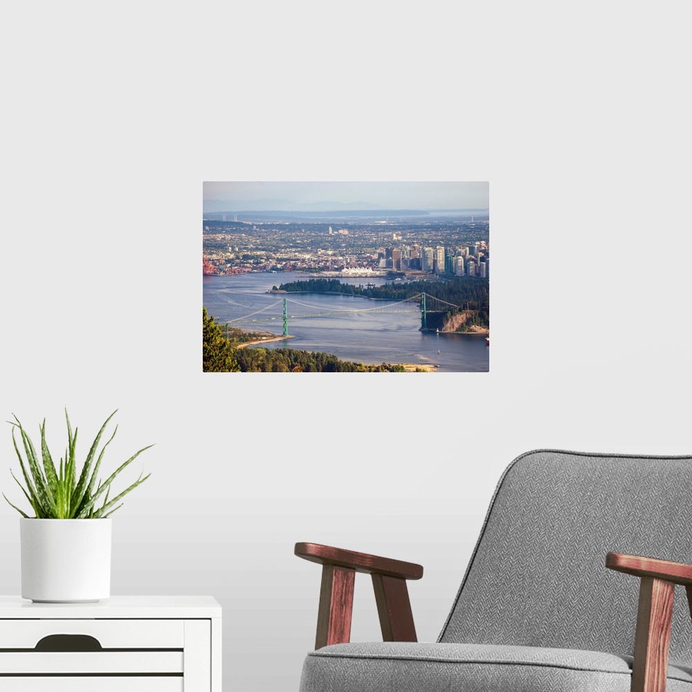 A modern room featuring Aerial view of Burrard Inlet and Lions Gate Bridge in Vancouver, British Columbia, Canada.