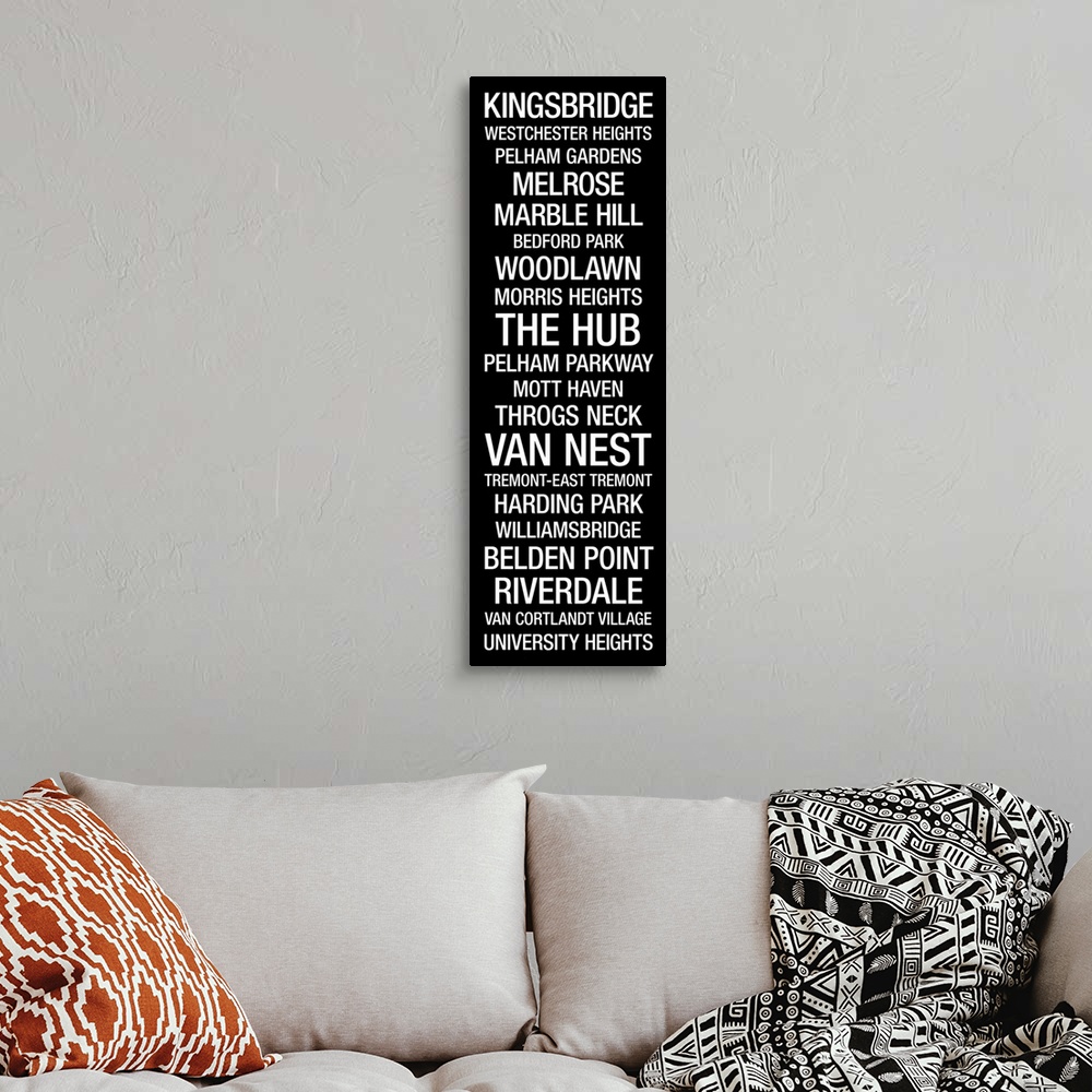A bohemian room featuring Giant, vertical wall art of the Bronx, New York Subway Roll with a list of well known places and ...
