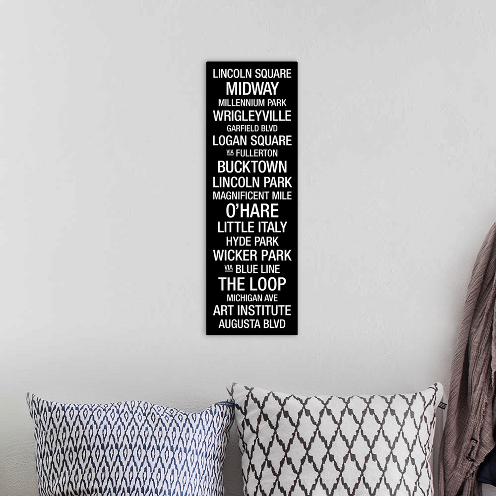 A bohemian room featuring Typographic list of Chicago landmarks.