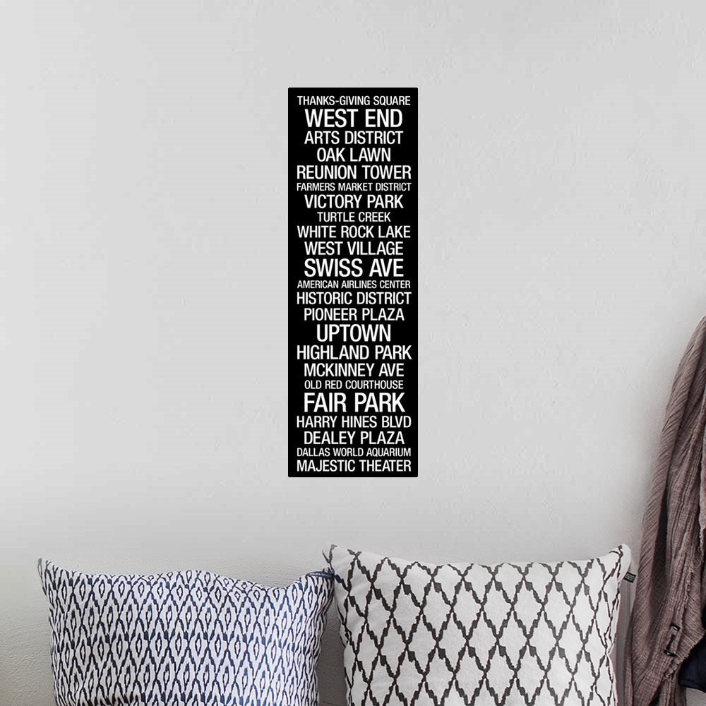 A bohemian room featuring Vertical panoramic typographic design with text describing iconic landmarks in Dallas.  Such word...
