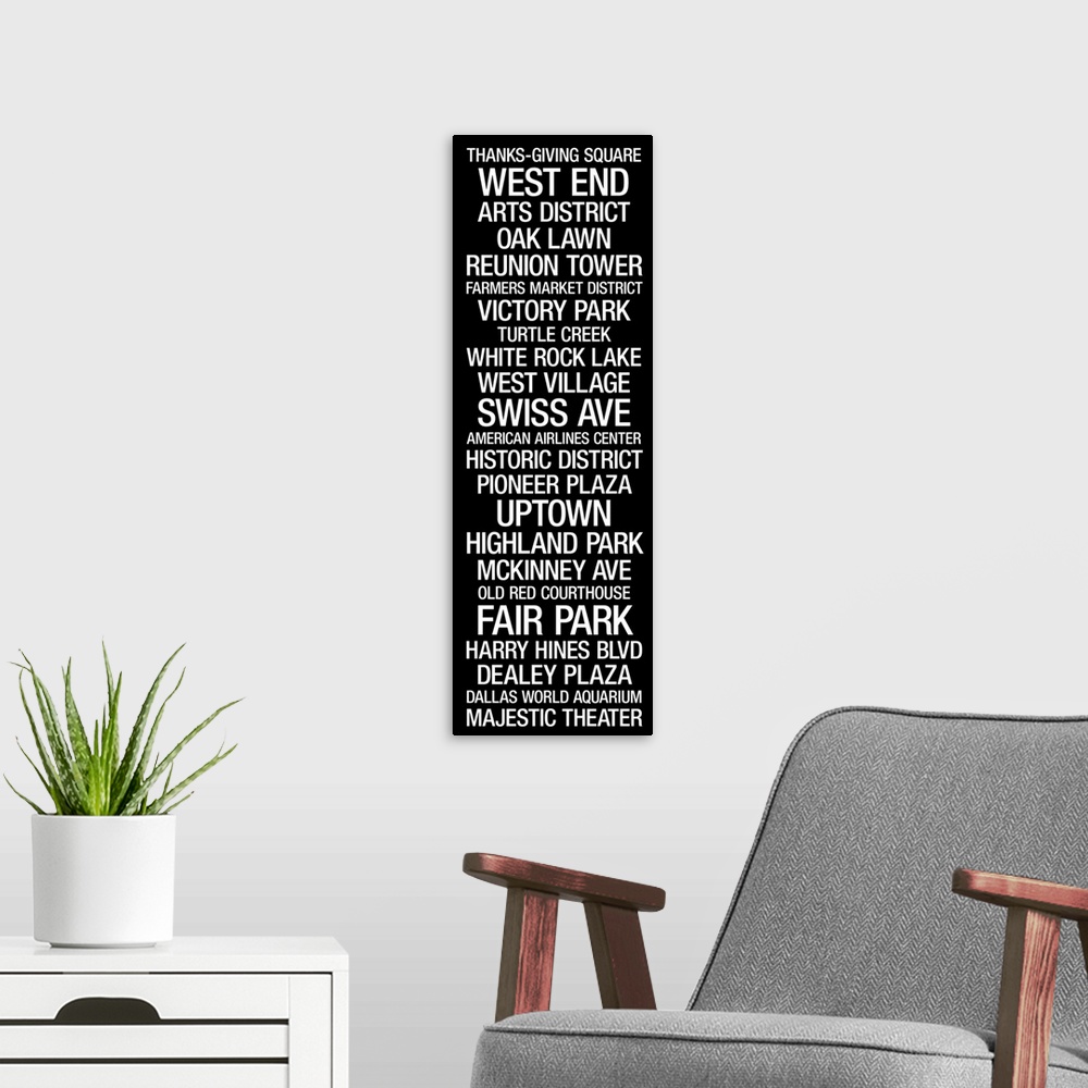 A modern room featuring Vertical panoramic typographic design with text describing iconic landmarks in Dallas.  Such word...