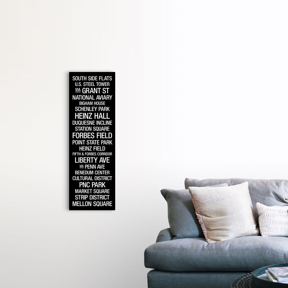 A farmhouse room featuring Vertical panoramic typographic design describing a popular U.S. city.  Notable landmarks in the c...