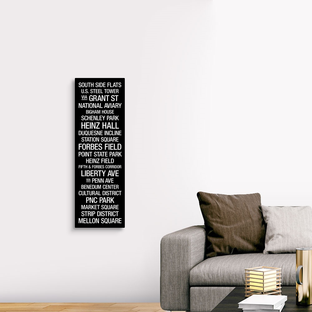A traditional room featuring Vertical panoramic typographic design describing a popular U.S. city.  Notable landmarks in the c...