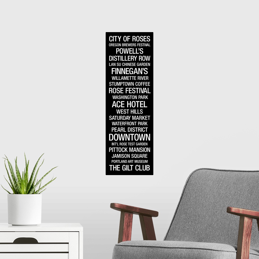A modern room featuring Bus Roll style text highlighting roads, buildings, and festivals that can be found in Portland, O...