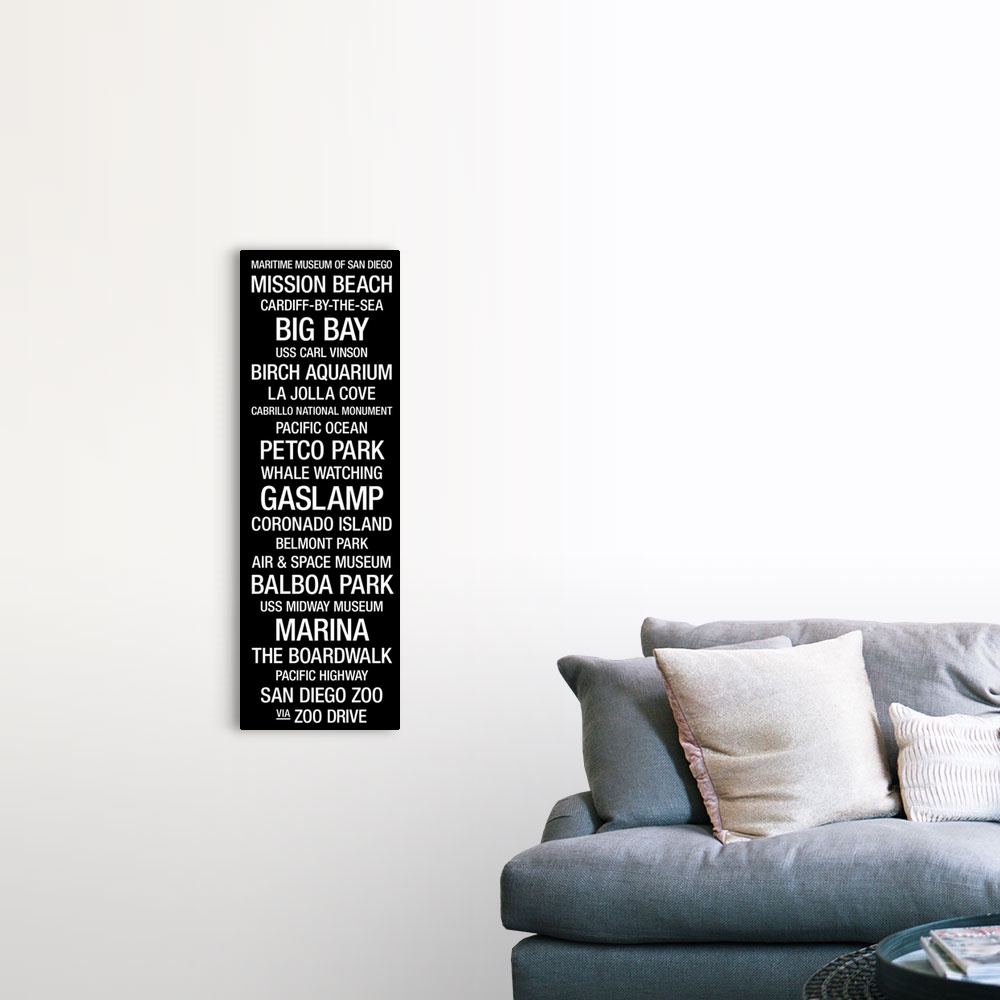 A farmhouse room featuring Vertical panoramic artwork of typographic design that includes landmarks of popular west coast city.