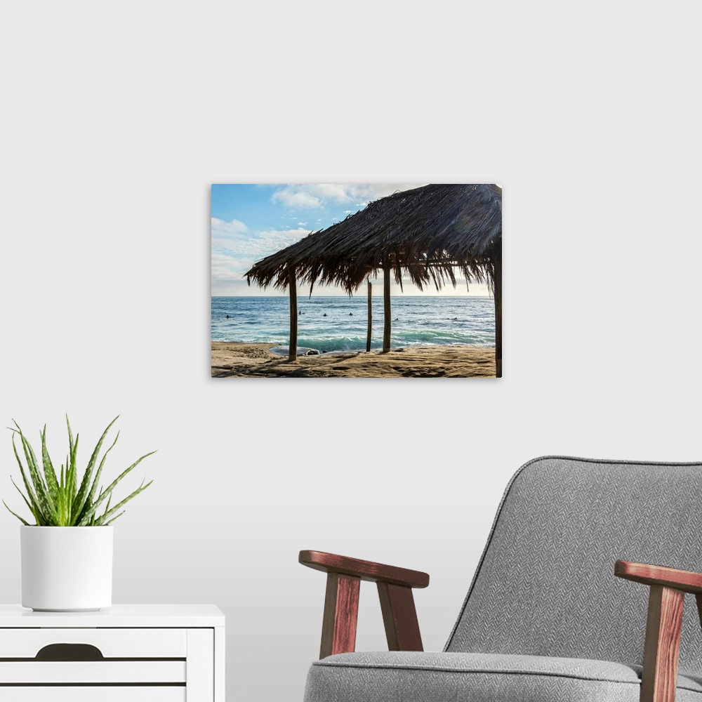 A modern room featuring Photograph of a cabana made with natural materials on the shore of Windansea Beach, San Diego on ...