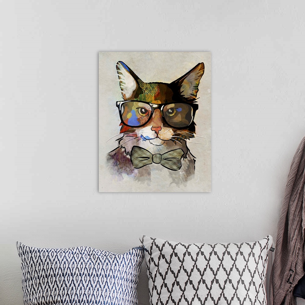 A bohemian room featuring Pop art of a cat wearing large glasses and a bow tie.