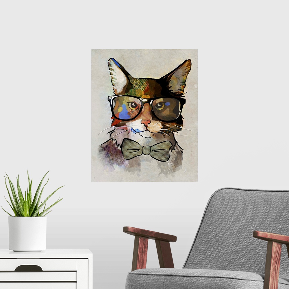 A modern room featuring Pop art of a cat wearing large glasses and a bow tie.