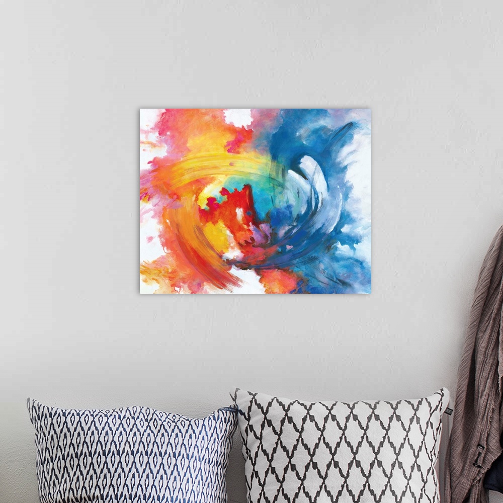 A bohemian room featuring Contemporary abstract painting in vivid rainbow colors, swirling in the center.
