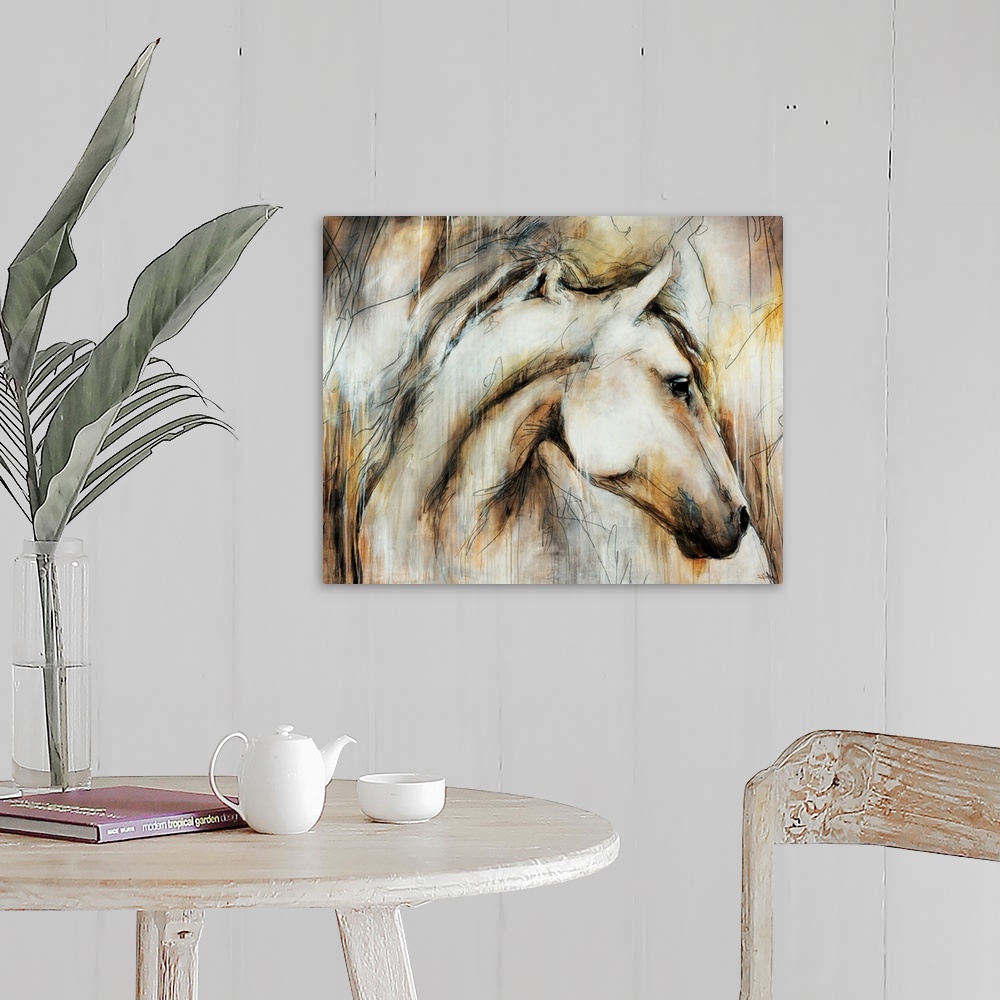 A farmhouse room featuring Elegant painting of a horse done in muted earth tones.