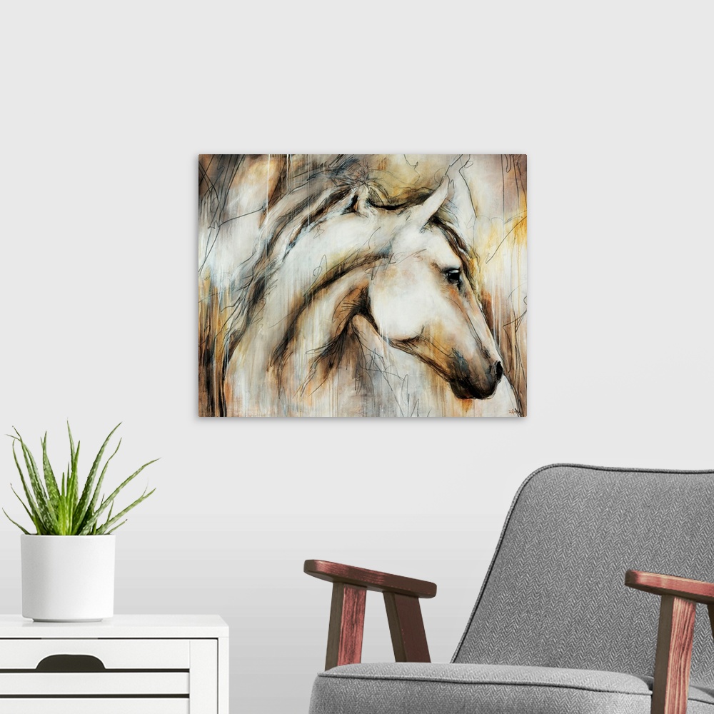 A modern room featuring Elegant painting of a horse done in muted earth tones.