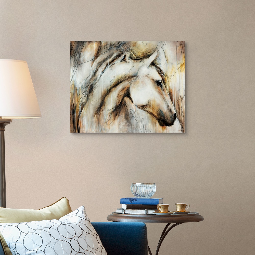 A traditional room featuring Elegant painting of a horse done in muted earth tones.