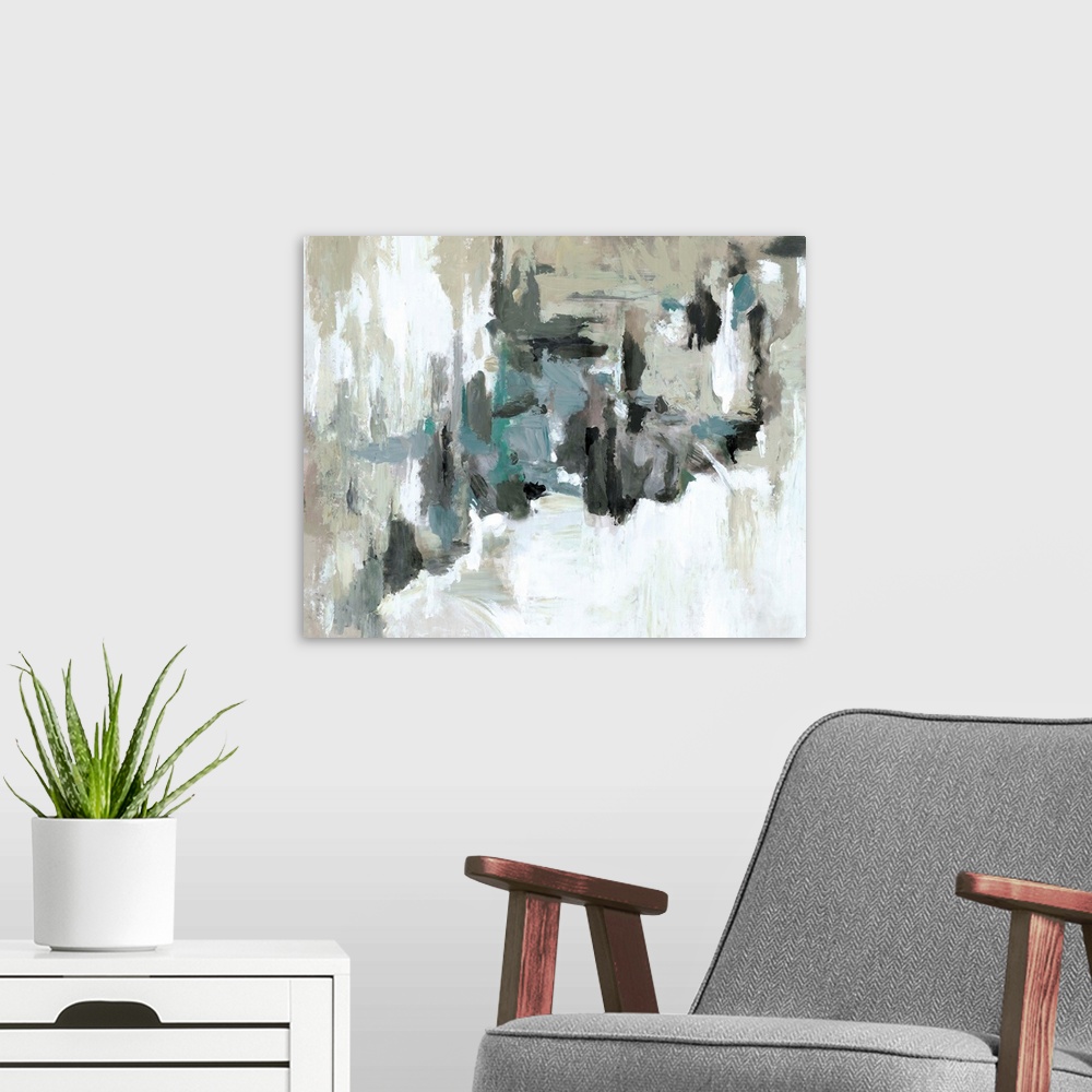 A modern room featuring Contemporary abstract artwork in muted blue and brown tones, resembling a moody sky.