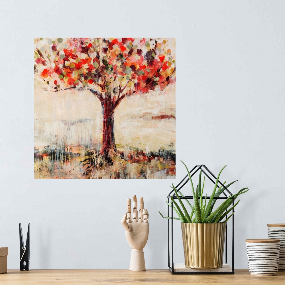 A bohemian room featuring Abstract landscape painting feature a tree done in vibrant, candy-like colors.