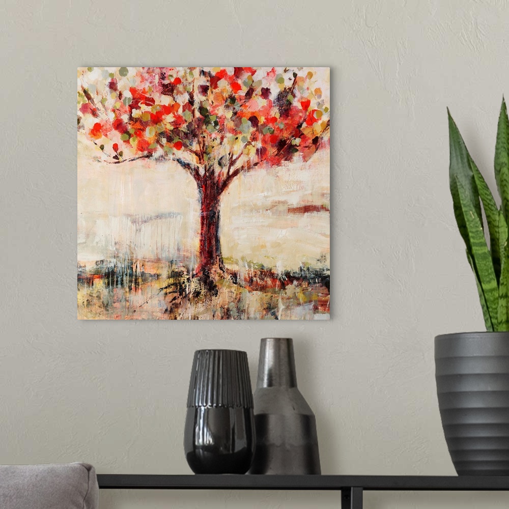 A modern room featuring Abstract landscape painting feature a tree done in vibrant, candy-like colors.