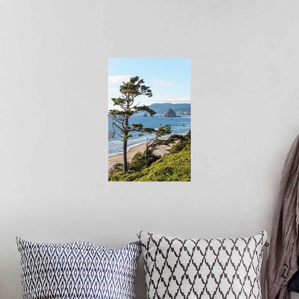 A bohemian room featuring Landscape photograph of Cannon Beach with Haystack Rock in the distance.