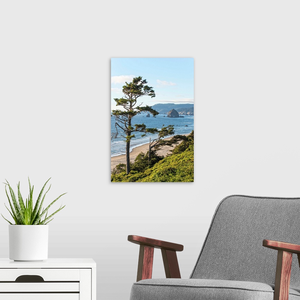 A modern room featuring Landscape photograph of Cannon Beach with Haystack Rock in the distance.