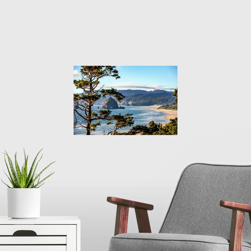 A modern room featuring Landscape photograph of Cannon Beach through trees with Haystack Rock in the distance.