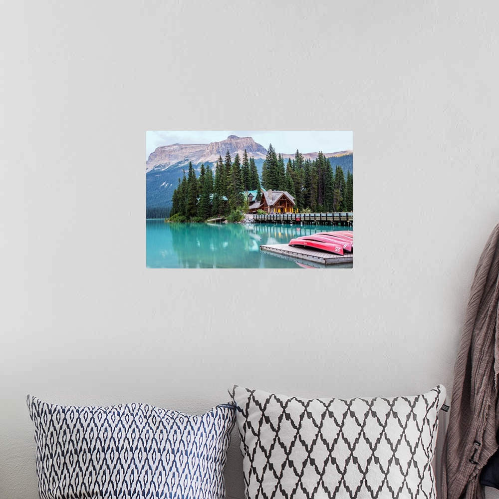 A bohemian room featuring Canoes at Emerald Lake in Yoho National Park, British Columbia, Canada.