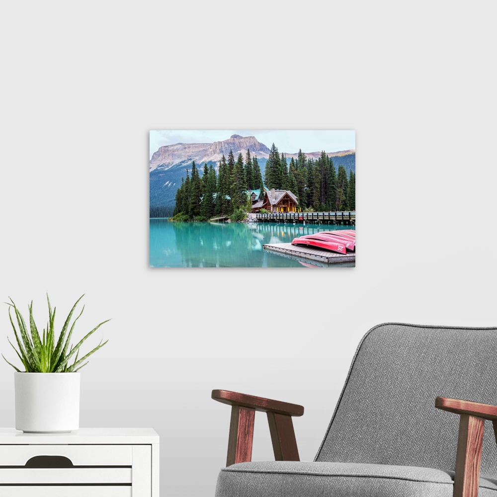 A modern room featuring Canoes at Emerald Lake in Yoho National Park, British Columbia, Canada.